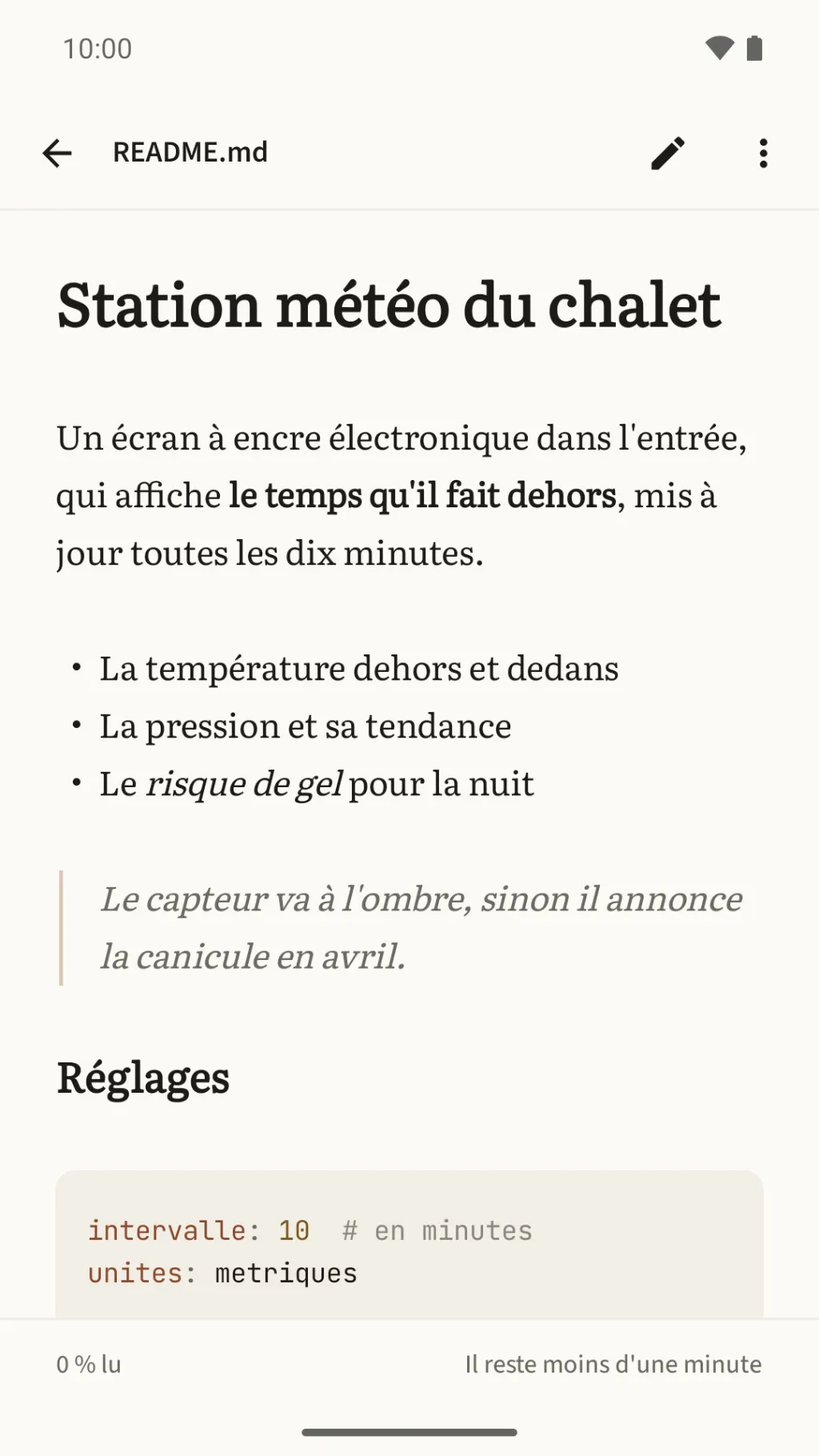 Octothorpe affichant une note Markdown intitulée Station météo du chalet, avec du gras, une liste, une citation et un bloc de code